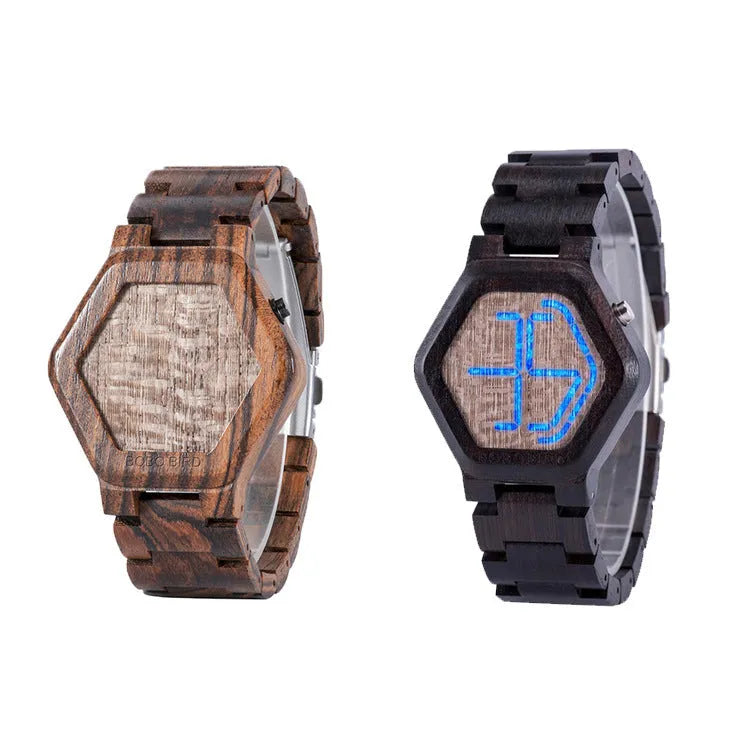 LED display wooden watch for men with hexagon dial, brown wood strap, luminous screen