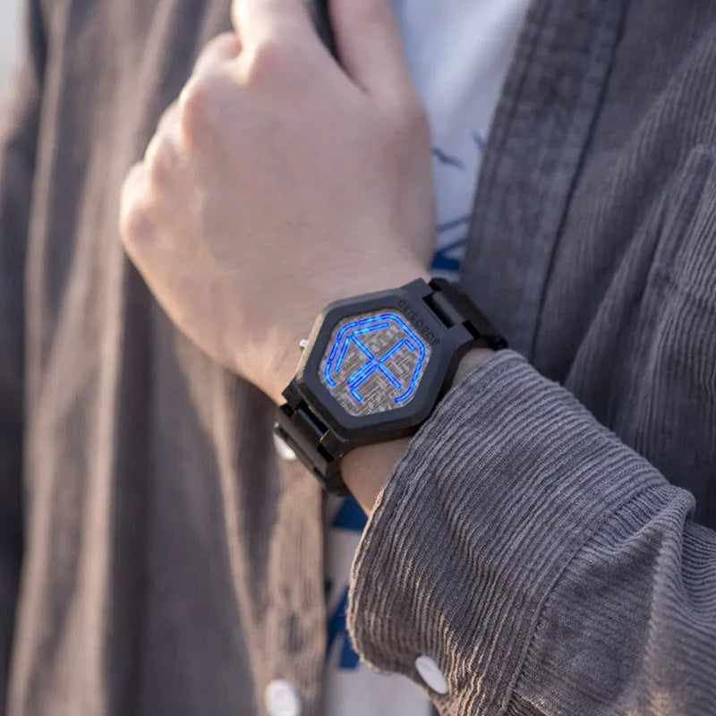 LED display wooden watch for men with hexagon dial, brown wood strap, luminous screen