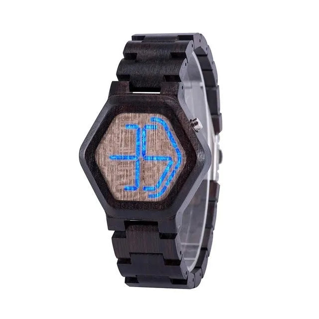 LED display wooden watch for men with hexagon dial, brown wood strap, luminous screen