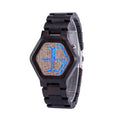 LED display wooden watch for men with hexagon dial, brown wood strap, luminous screen