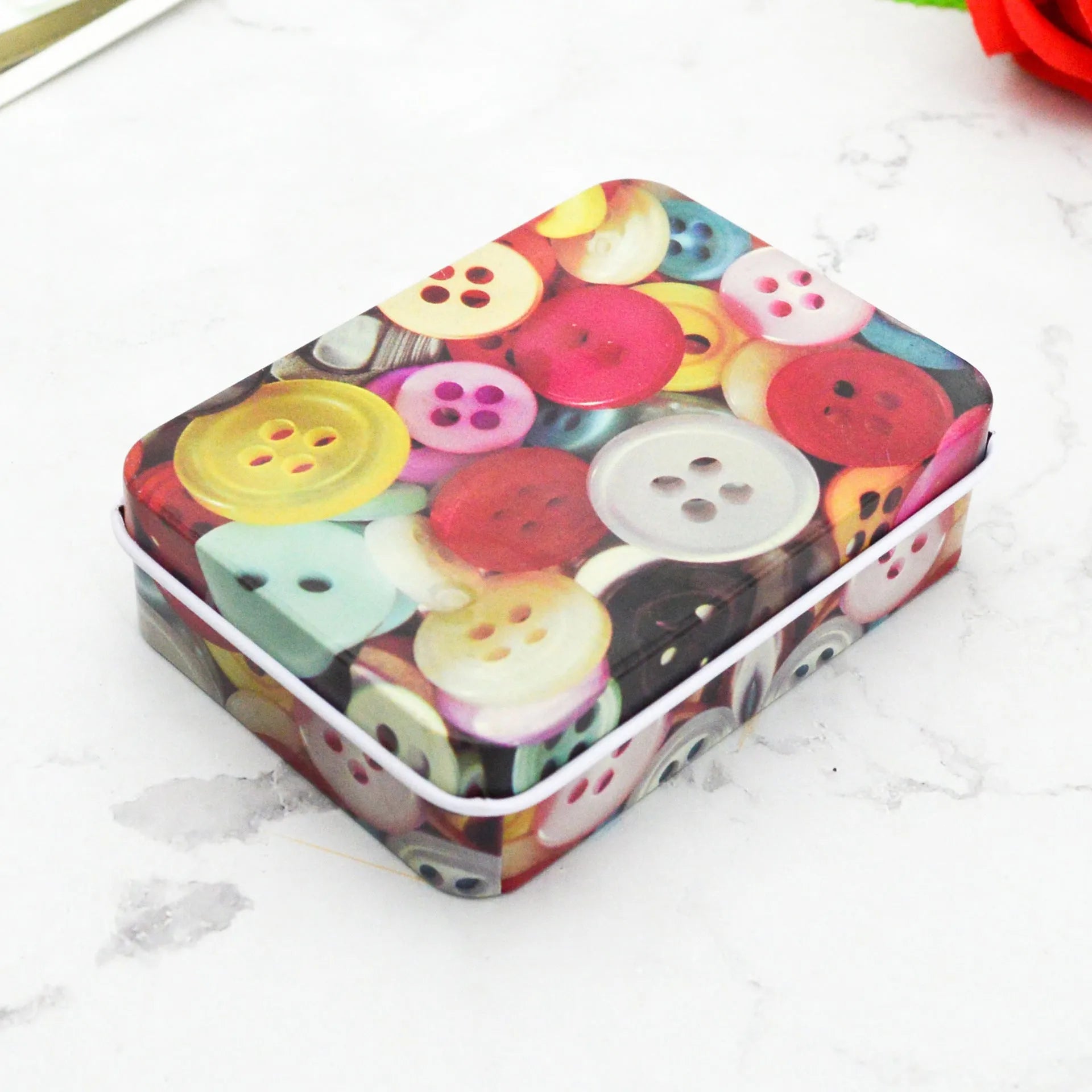 Creative tinplate storage box square 90x65x25mm with black dots design for jewellery and cards