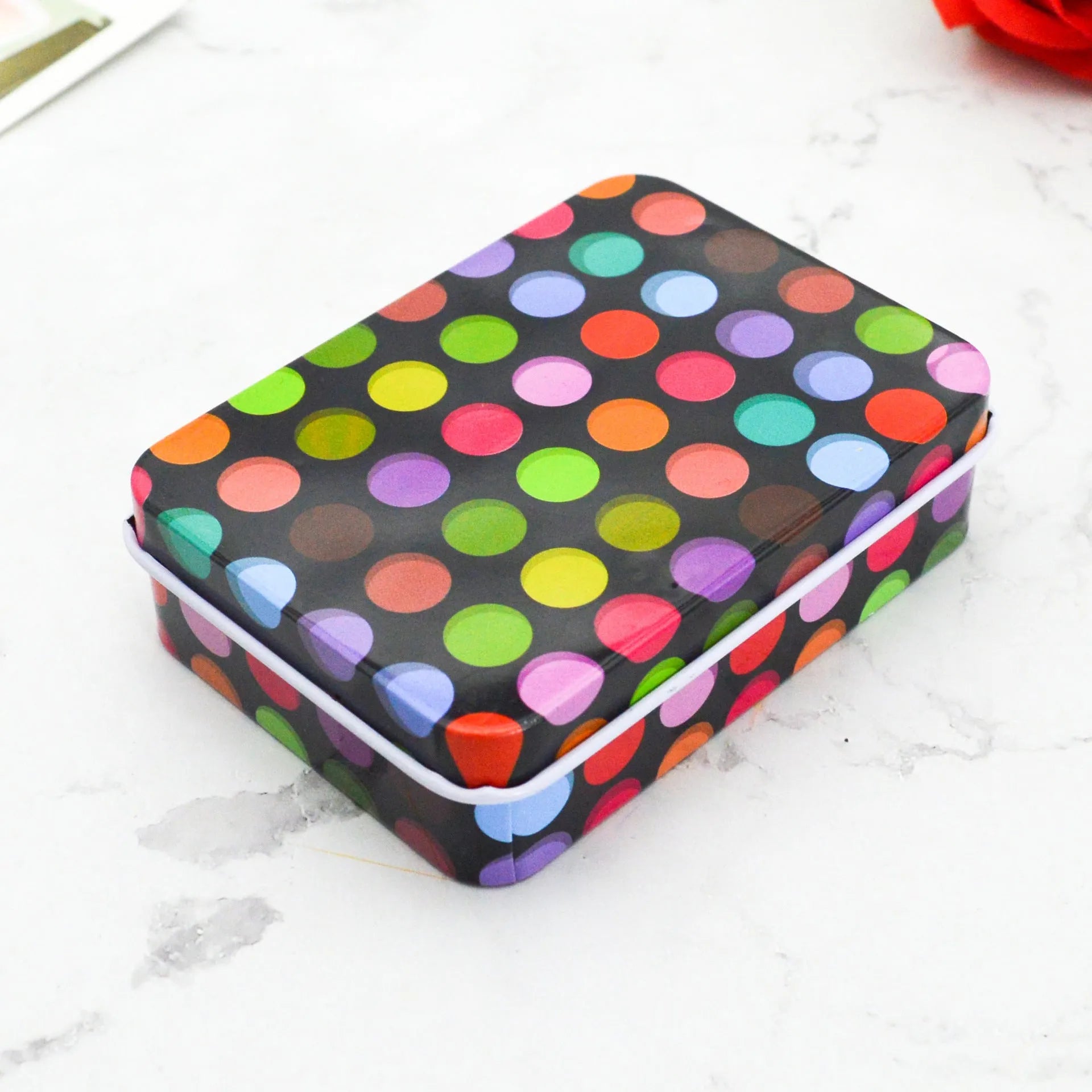 Creative tinplate storage box square 90x65x25mm with black dots design for jewellery and cards