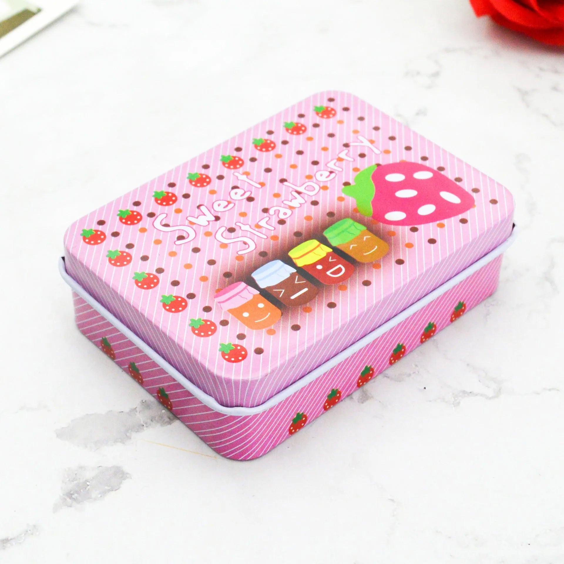 Creative tinplate storage box square 90x65x25mm with black dots design for jewellery and cards