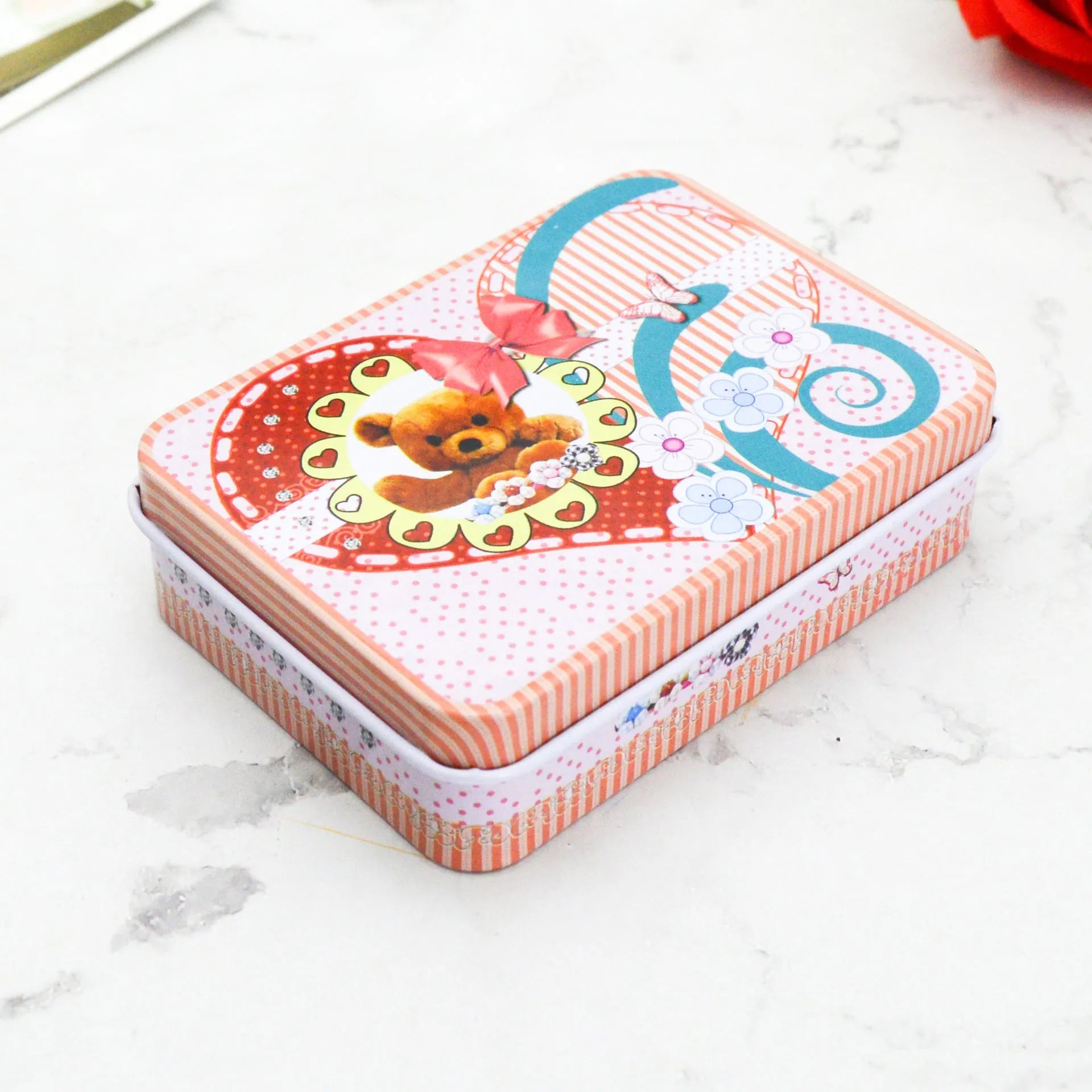 Creative tinplate storage box square 90x65x25mm with black dots design for jewellery and cards
