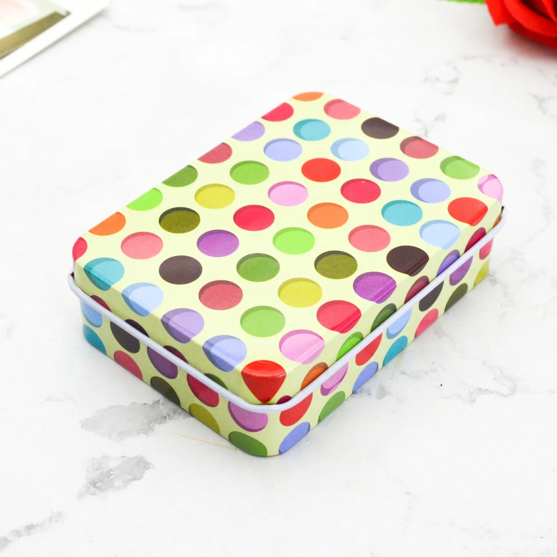Creative tinplate storage box square 90x65x25mm with black dots design for jewellery and cards