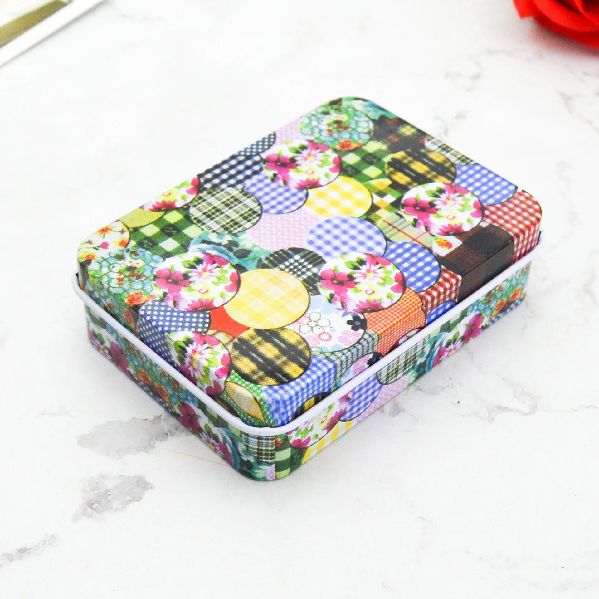 Creative tinplate storage box square 90x65x25mm with black dots design for jewellery and cards