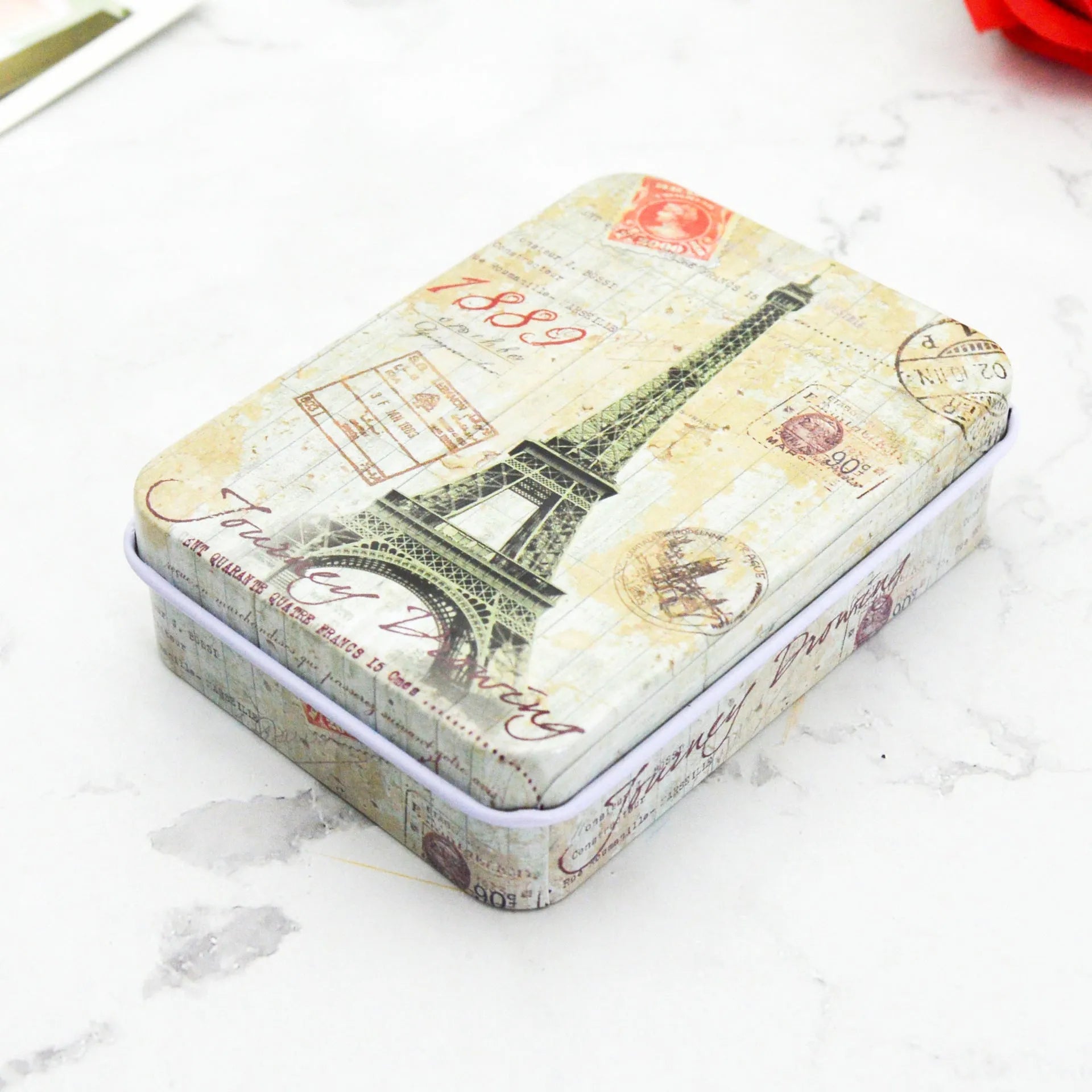 Creative tinplate storage box square 90x65x25mm with black dots design for jewellery and cards