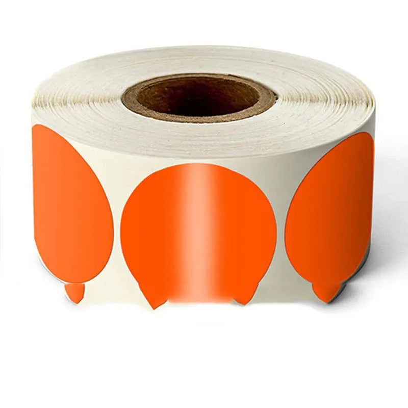 Roll of round colour marker stickers showing multiple colours including black, blue, red, yellow, and kraft paper.