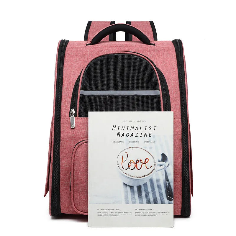 Breathable pet backpack in vertical square shape with soft handle, available in black, grey, and pink