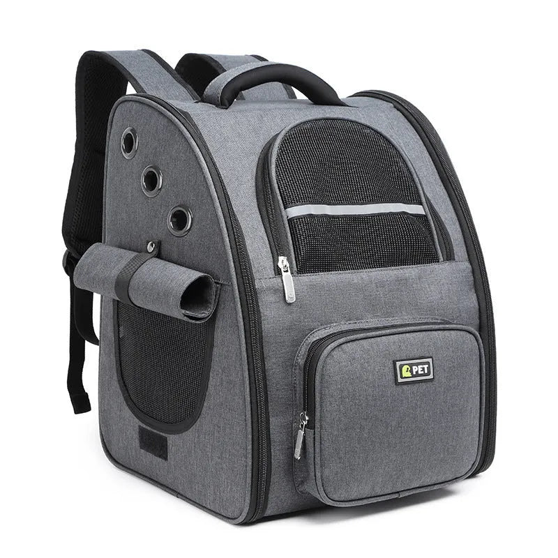 Breathable pet backpack in vertical square shape with soft handle, available in black, grey, and pink