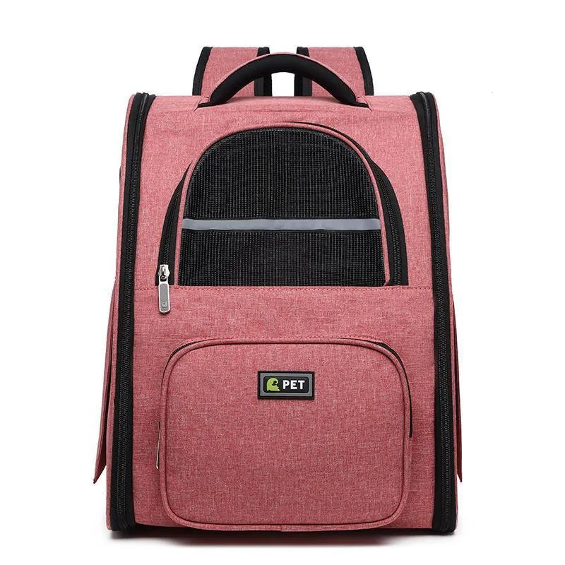Breathable pet backpack in vertical square shape with soft handle, available in black, grey, and pink