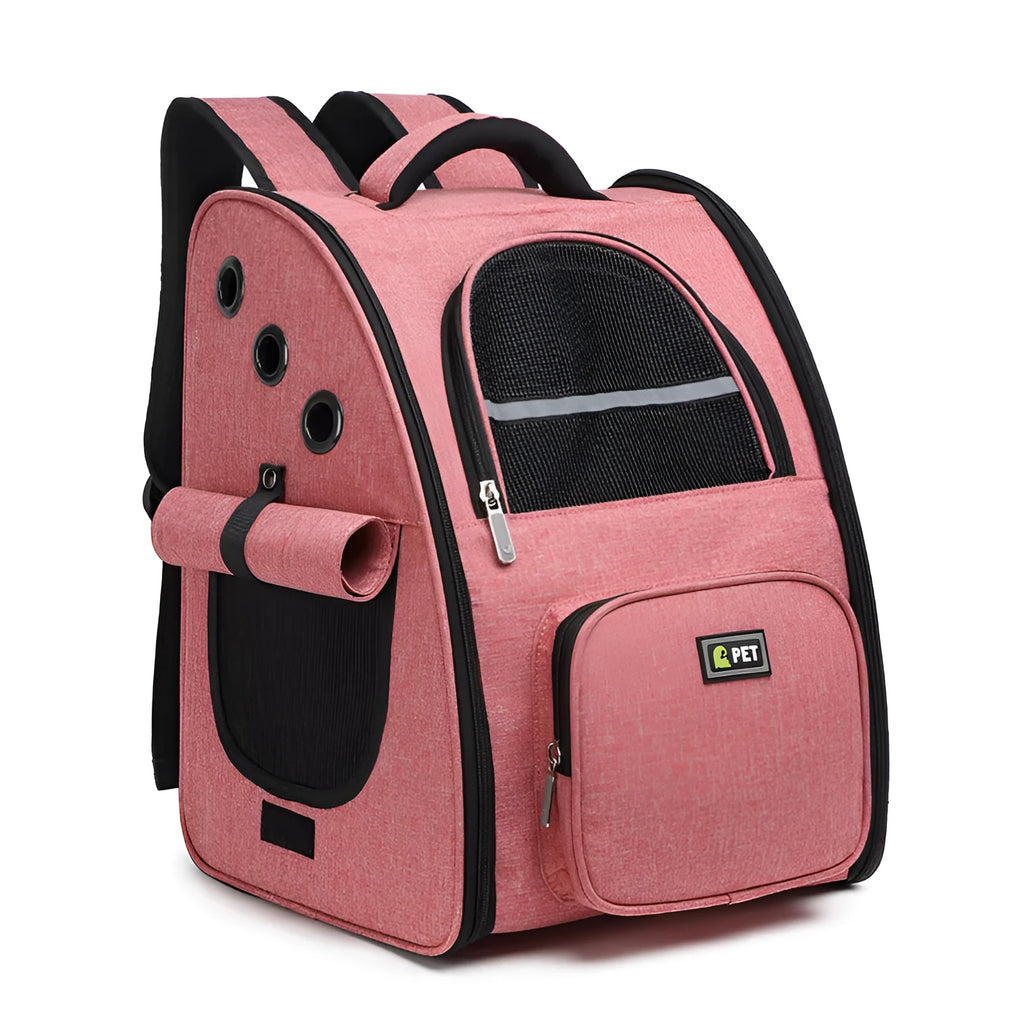 Breathable pet backpack in vertical square shape with soft handle, available in black, grey, and pink