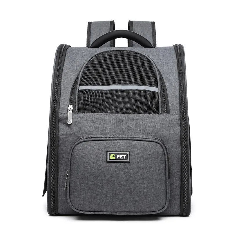 Breathable pet backpack in vertical square shape with soft handle, available in black, grey, and pink