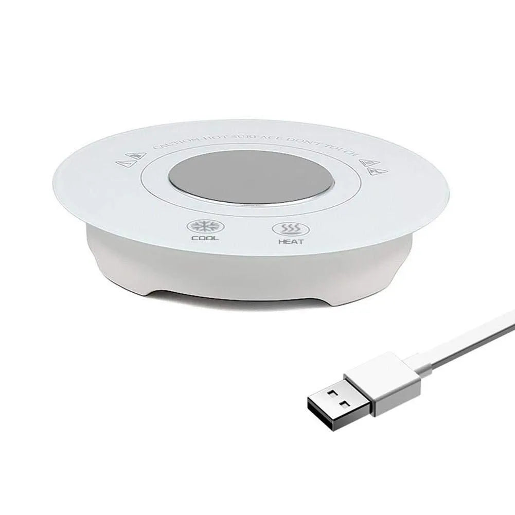 Hot and cold coaster with tempered glass surface and USB cable in ivory white or black