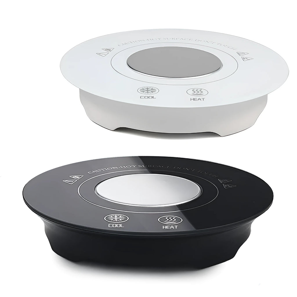 Hot and cold coaster with tempered glass surface and USB cable in ivory white or black