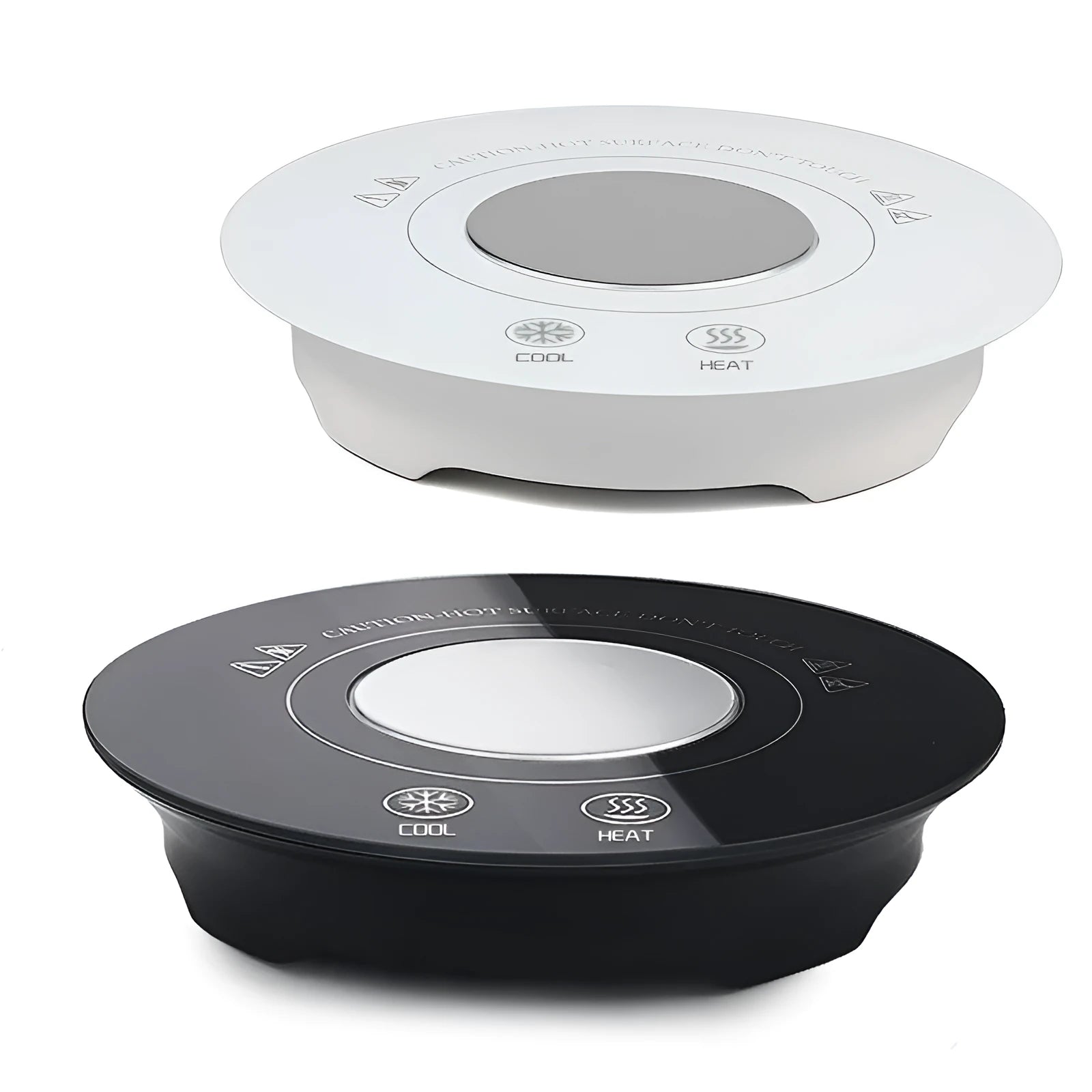 Hot and cold coaster with tempered glass surface and USB cable in ivory white or black