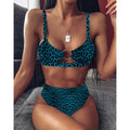 Female mannequin wearing a two-piece spandex bikini set in a leopard print colour option on a white background.