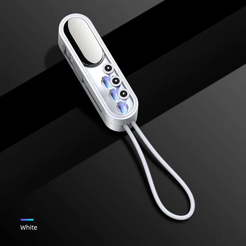 Three-in-one telescopic data cable extended to 0.35m showing Apple, Micro USB and Type-C connectors