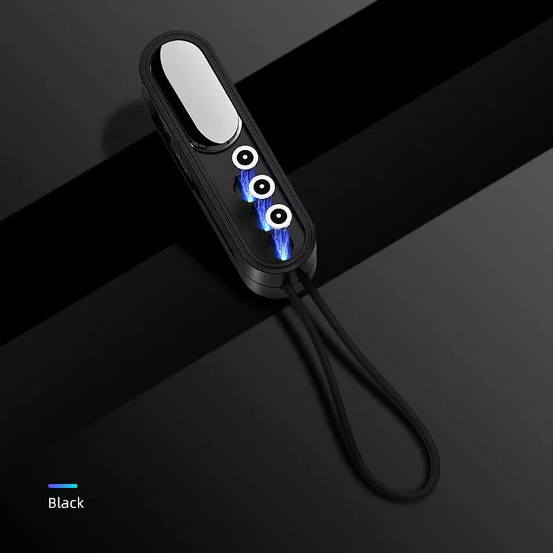Three-in-one telescopic data cable extended to 0.35m showing Apple, Micro USB and Type-C connectors