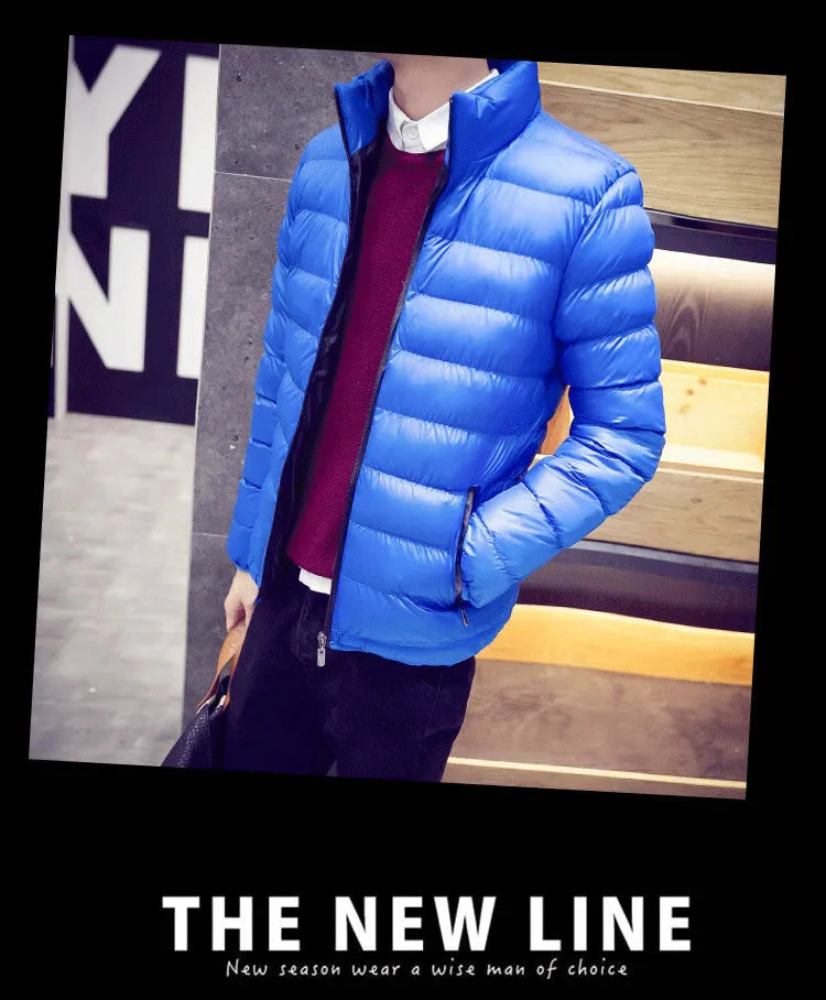 Men's casual fit corduroy stand collar down jacket in navy blue, front view with no hood
