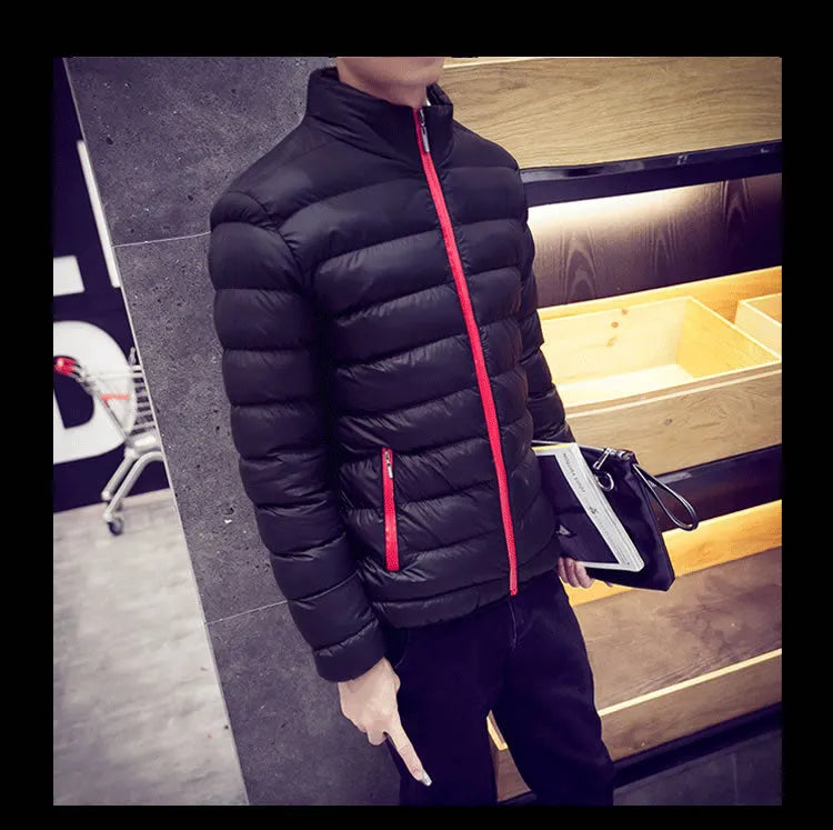 Men's casual fit corduroy stand collar down jacket in navy blue, front view with no hood