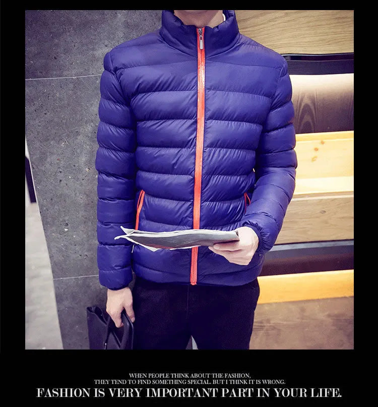 Men's casual fit corduroy stand collar down jacket in navy blue, front view with no hood