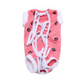 Blue pet dog sterilization surgery clothes made of polyester with Velcro fastening on back, lying on floor