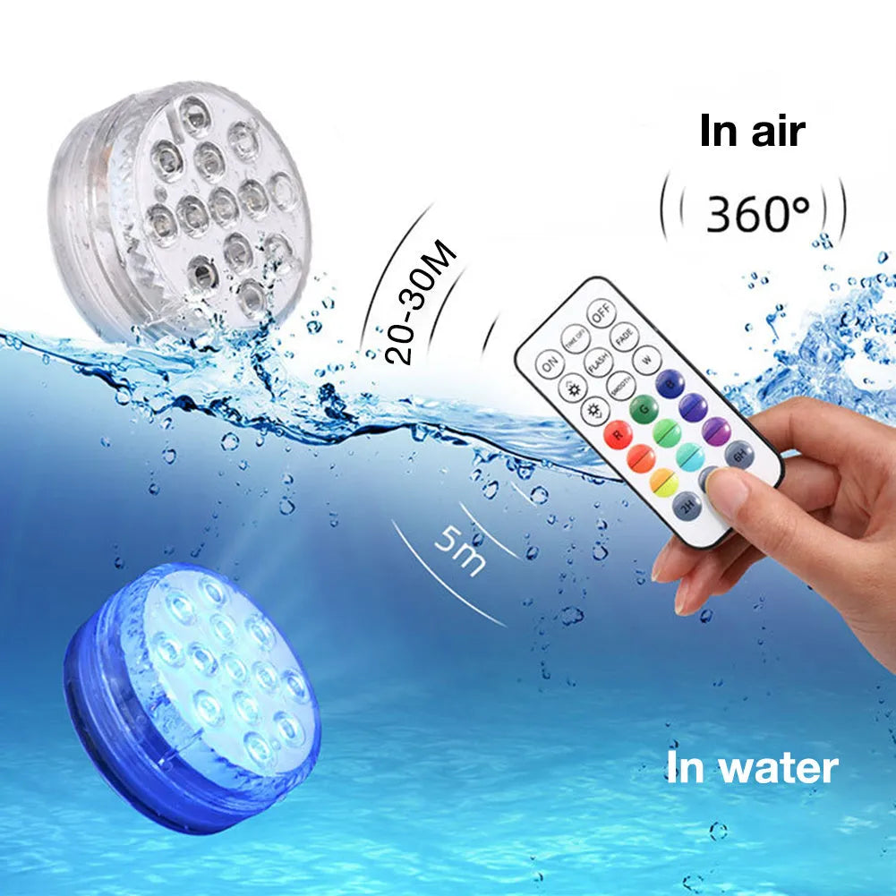 13 LED IP68 submersible underwater light with suction cup and RF remote, showing 16 colours in a swimming pool