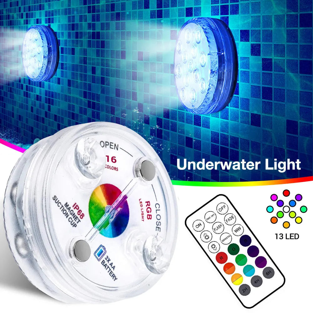13 LED IP68 submersible underwater light with suction cup and RF remote, showing 16 colours in a swimming pool