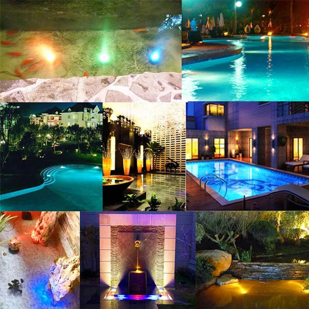 13 LED IP68 submersible underwater light with suction cup and RF remote, showing 16 colours in a swimming pool