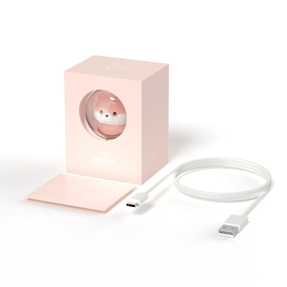 White squirrel design USB rechargeable hanging neck personal fan with three speed settings.