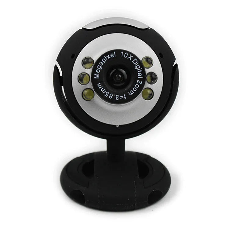 USB webcam for computer with ring of six LED lights around the lens and built-in microphone.