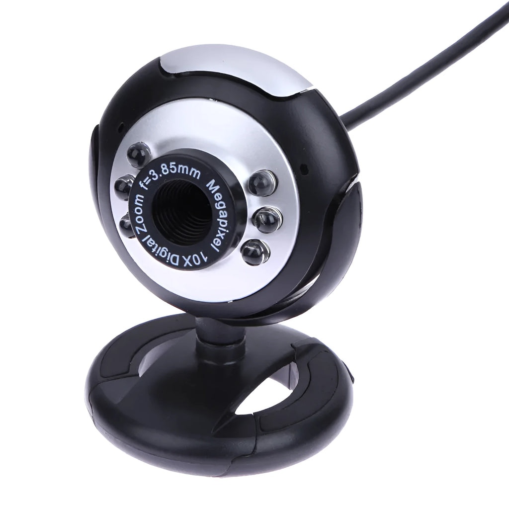 USB webcam for computer with ring of six LED lights around the lens and built-in microphone.