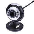 USB webcam for computer with ring of six LED lights around the lens and built-in microphone.