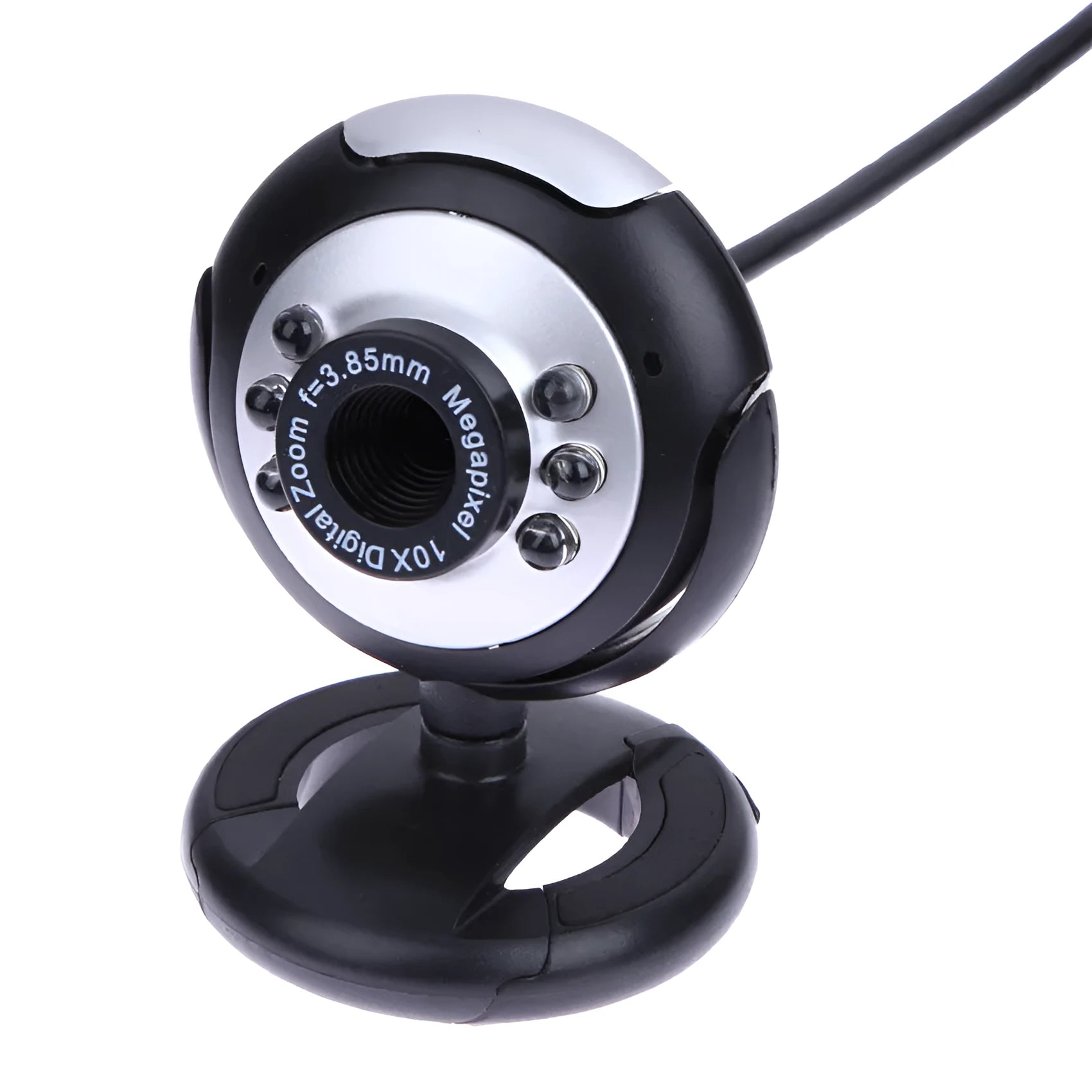 USB webcam for computer with ring of six LED lights around the lens and built-in microphone.
