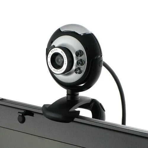 USB webcam for computer with ring of six LED lights around the lens and built-in microphone.
