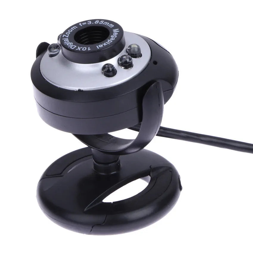 USB webcam for computer with ring of six LED lights around the lens and built-in microphone.