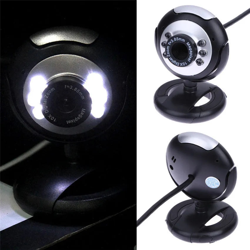 USB webcam for computer with ring of six LED lights around the lens and built-in microphone.