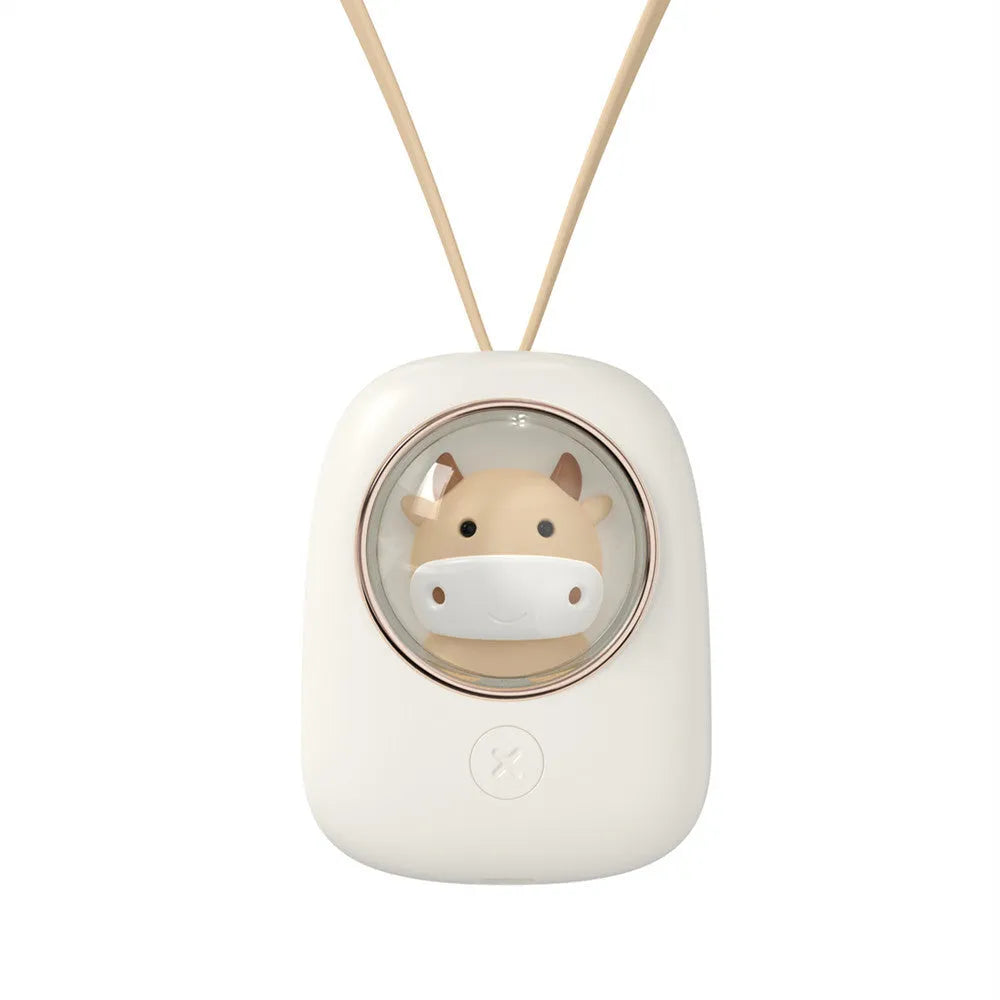 White squirrel design USB rechargeable hanging neck personal fan with three speed settings.
