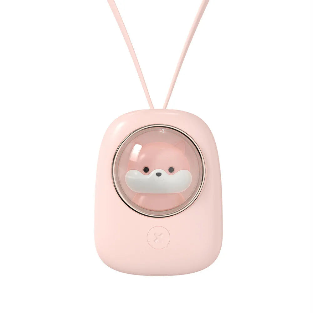 White squirrel design USB rechargeable hanging neck personal fan with three speed settings.