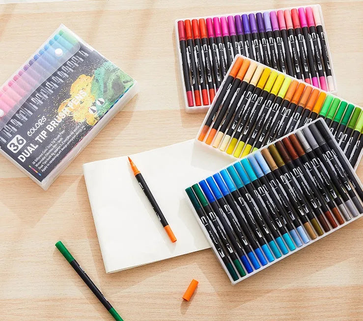Double-ended watercolour marker set showing brush tip and fine tip with multiple bright colour options