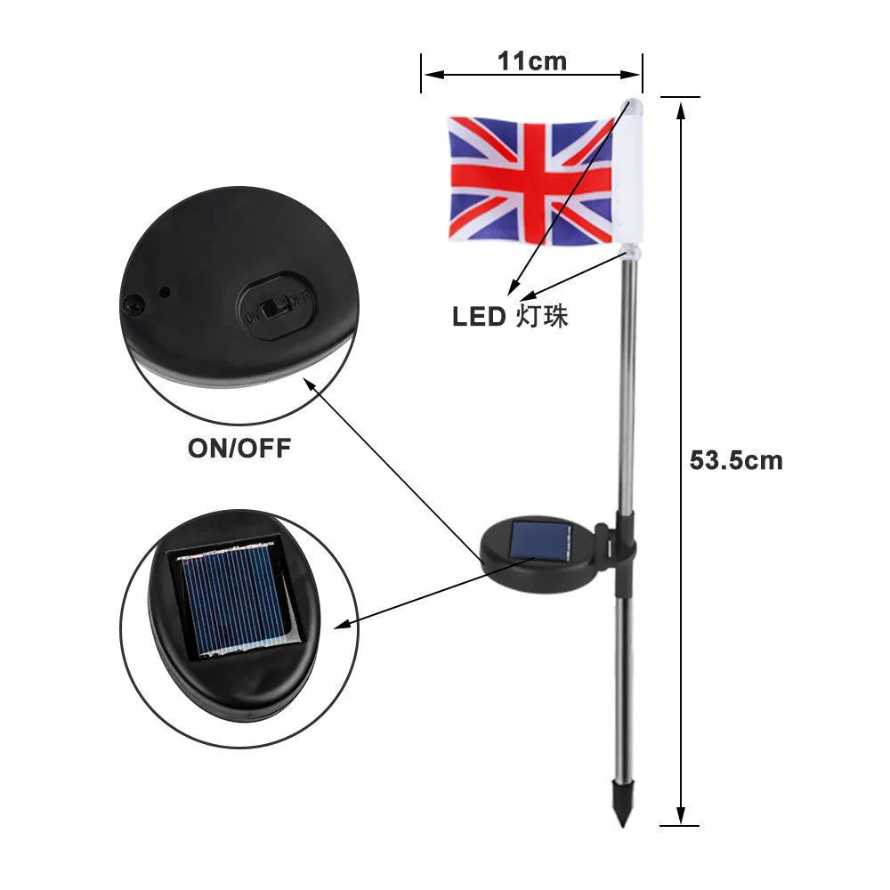 Solar-powered stainless steel garden flag light showing American flag design with white LEDs illuminated.