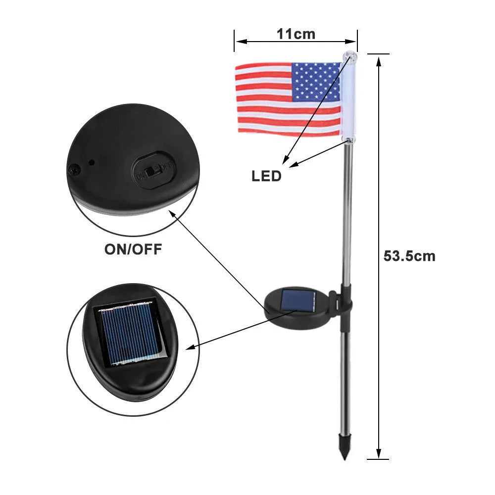 Solar-powered stainless steel garden flag light showing American flag design with white LEDs illuminated.