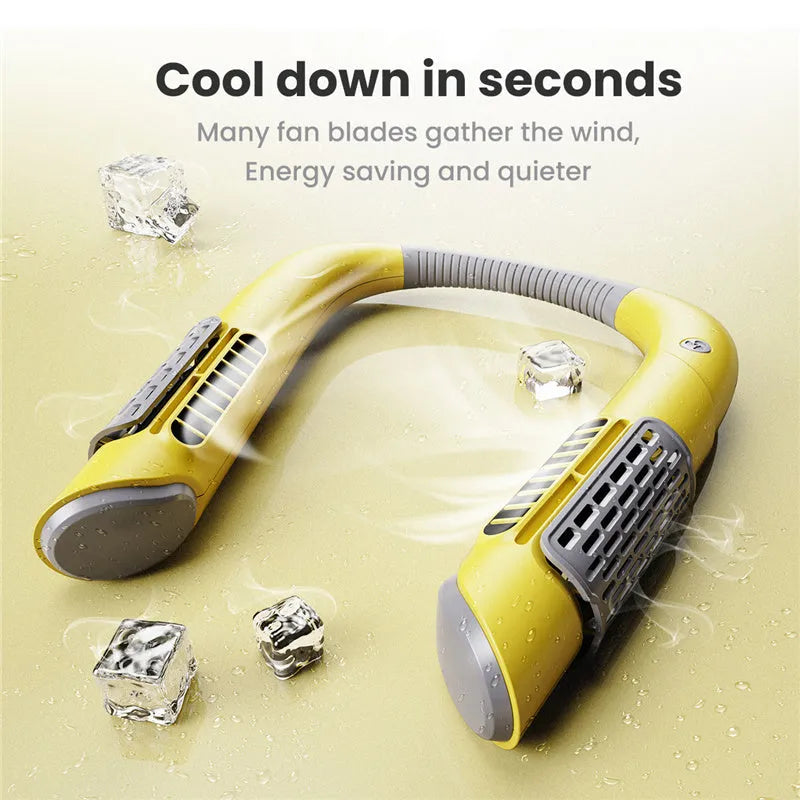 Mini bladeless neck fan USB rechargeable with 3 speed settings, 2000mAh battery, 223x190mm, white green colour