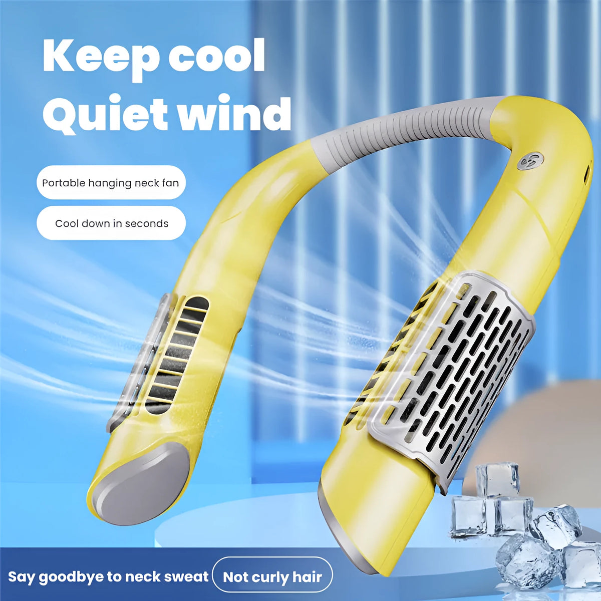 Mini bladeless neck fan USB rechargeable with 3 speed settings, 2000mAh battery, 223x190mm, white green colour