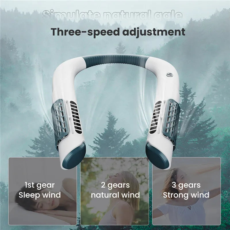 Mini bladeless neck fan USB rechargeable with 3 speed settings, 2000mAh battery, 223x190mm, white green colour
