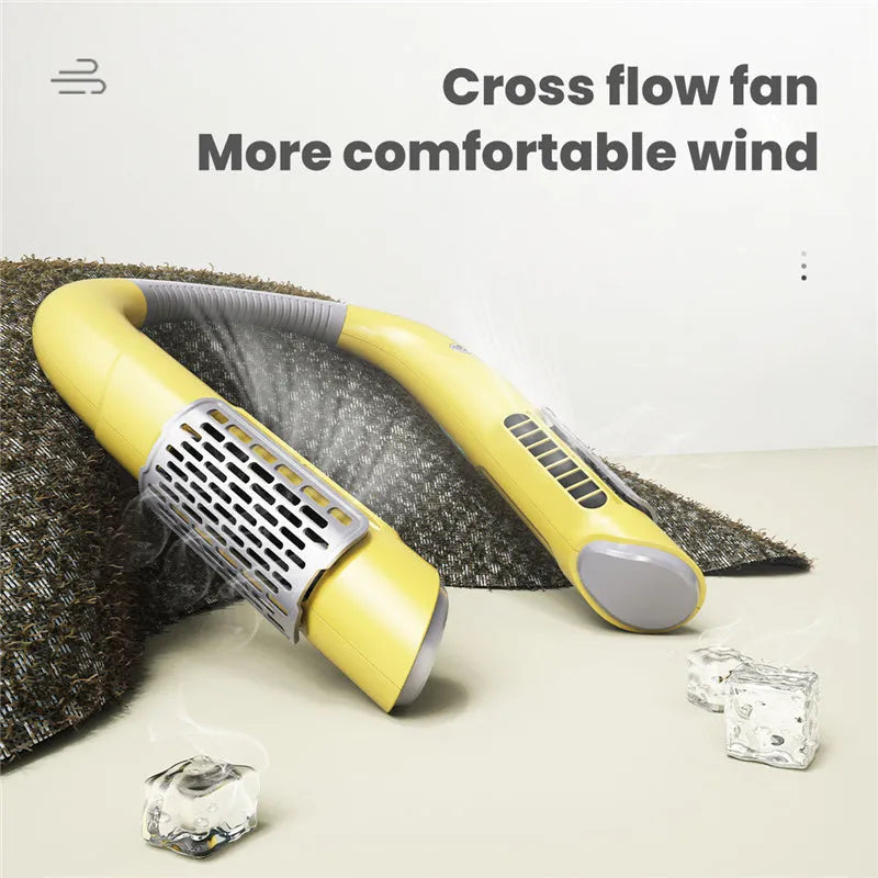 Mini bladeless neck fan USB rechargeable with 3 speed settings, 2000mAh battery, 223x190mm, white green colour