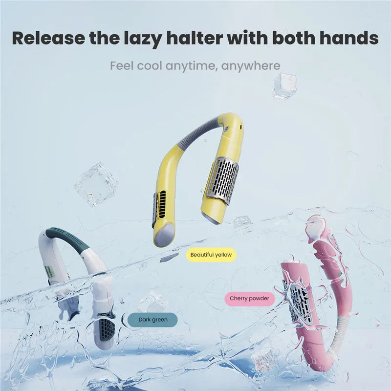Mini bladeless neck fan USB rechargeable with 3 speed settings, 2000mAh battery, 223x190mm, white green colour