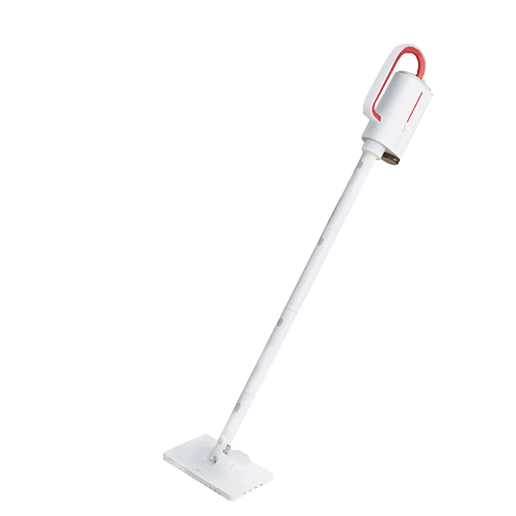 Deerma DEM-ZQ610 white steam cleaner main unit with brush heads, glass scraper, and mop attachments on a table.