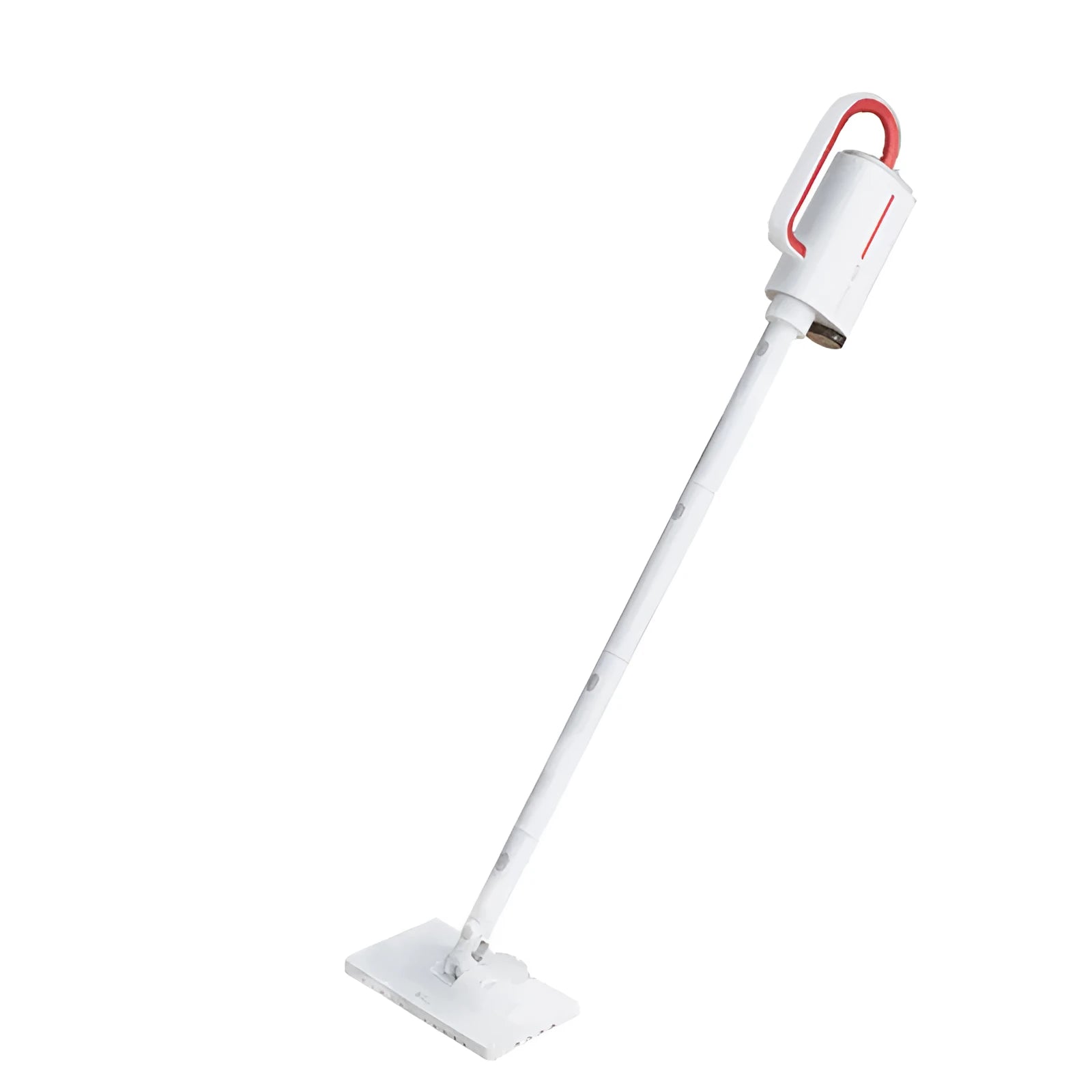 Deerma DEM-ZQ610 white steam cleaner main unit with brush heads, glass scraper, and mop attachments on a table.